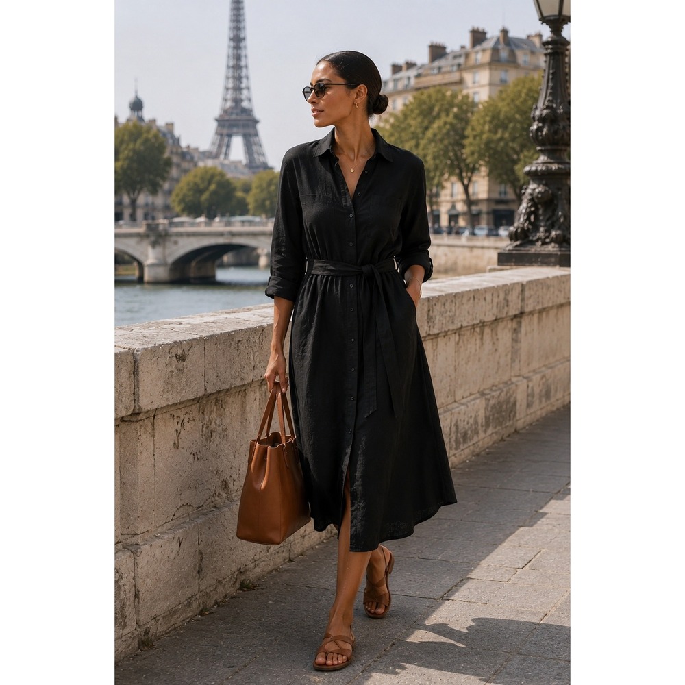 ESPRIT Button Minimalist 4 Belted Midi Shirt Dress 100% Cotton Black NWT